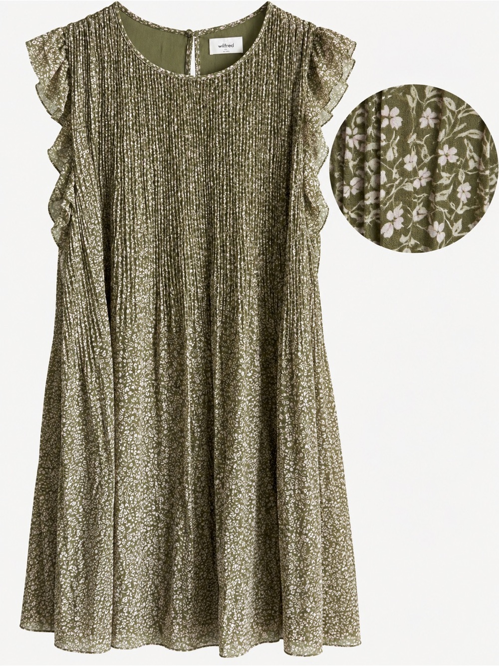 Wilfred Aritzia Olive Green Floral Pleated Ruffle Mini Dress Size XL NWOT